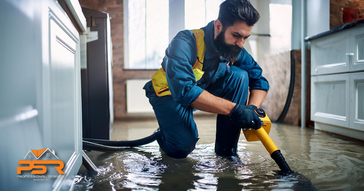 technician working on professional water extraction from flooded room