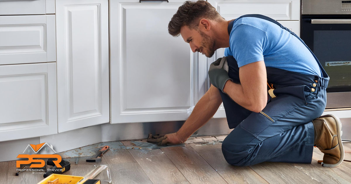 professional technician repairing and monitoring moisture on floor in kitchen by sink after leak is dried up to prevent mold