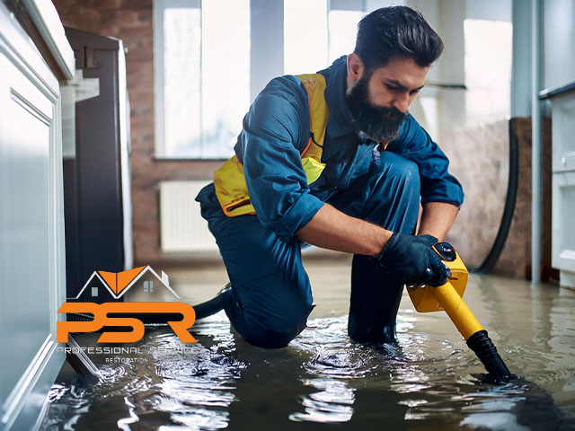 technician working on professional water extraction from flooded room